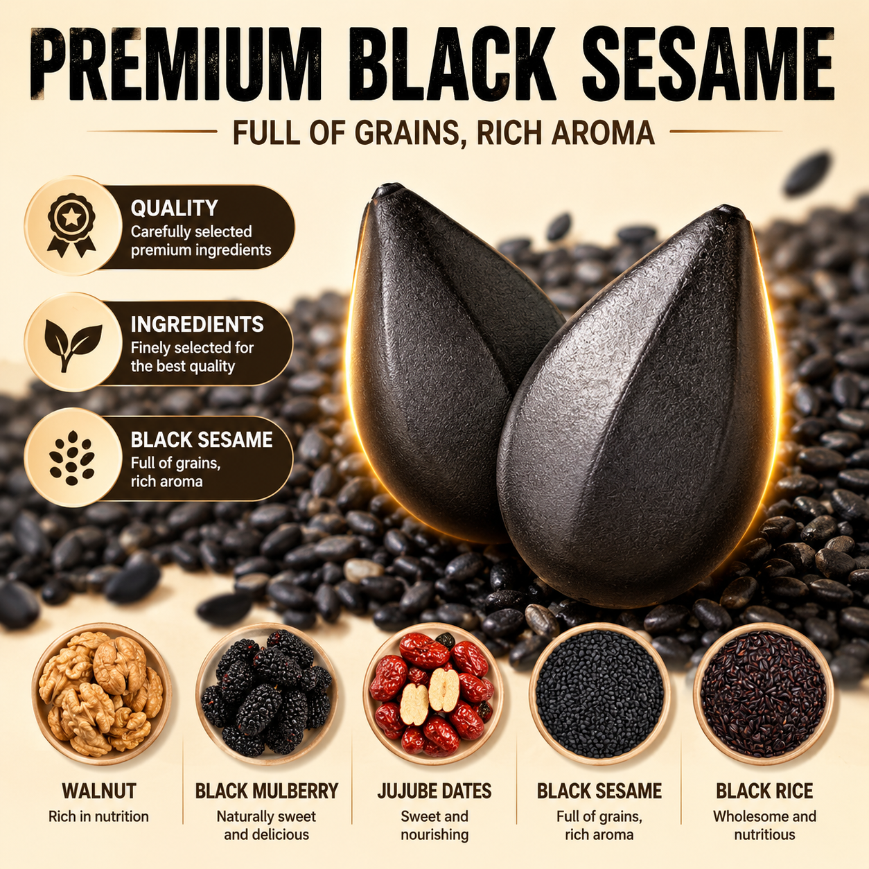 Intangible Heritage 5-Treasure Black Sesame Balls – Nine-Steamed & Nine-Sun-Dried Traditional Craft & Repair Damaged Hair&Promote Sleep-LUN