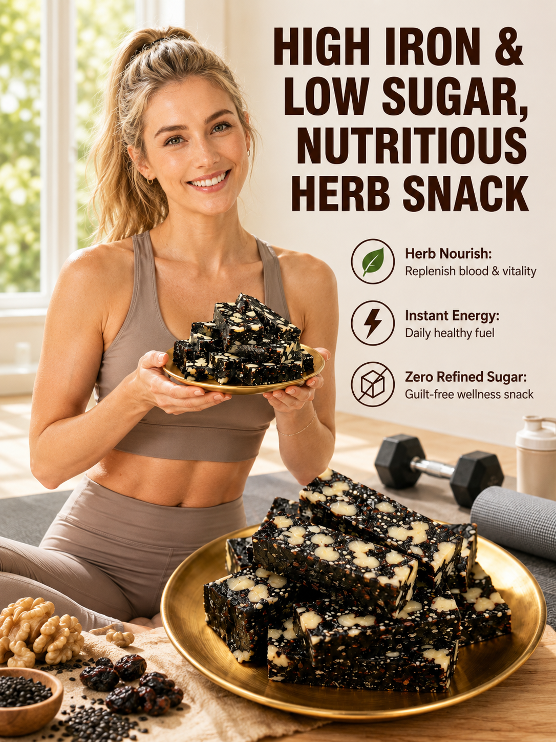 Mulberry Rehmannia & Black Goji Sesame Cake – Soft Herbal Nut Snack, Low Sugar Energy Bar-LUN