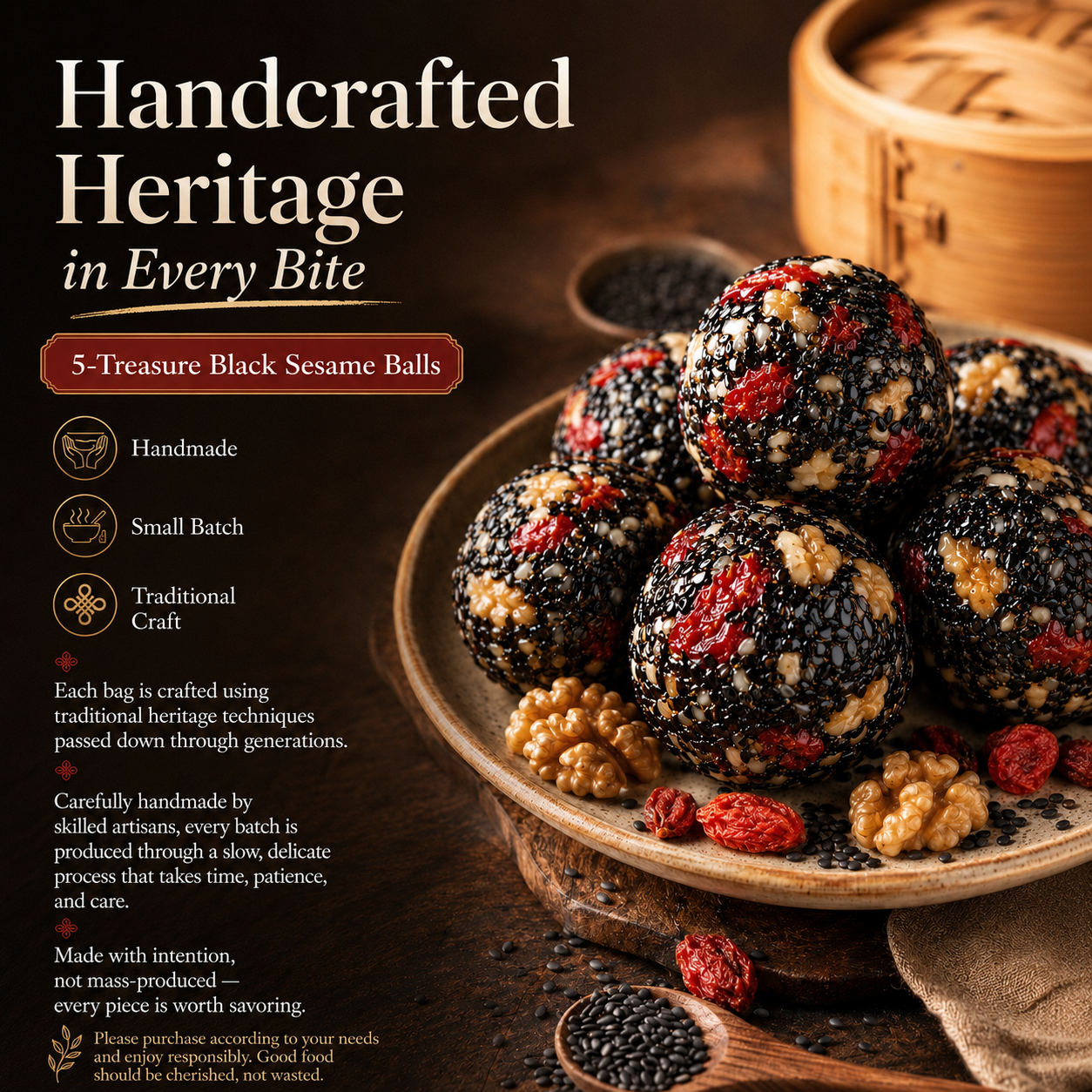 Intangible Heritage 5-Treasure Black Sesame Balls – Nine-Steamed & Nine-Sun-Dried Traditional Craft & Repair Damaged Hair&Promote Sleep-LUN